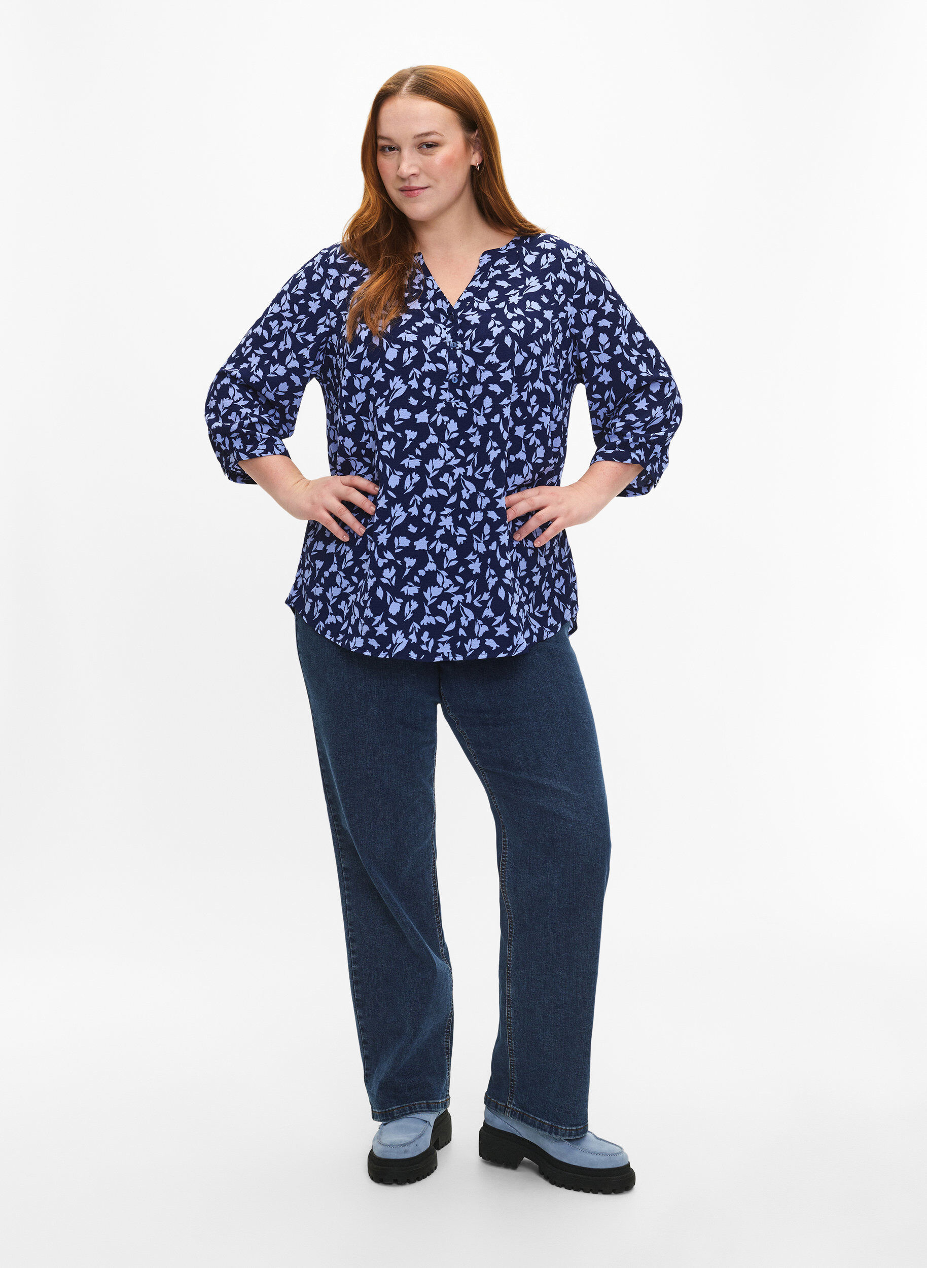 ZizziGebloemde blouse met 3/4 mouwen, M. Blue Flower AOP, Model image number 2