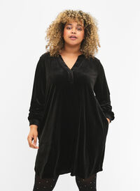  Velour jurk met lange mouwen en V-hals, Black, Model