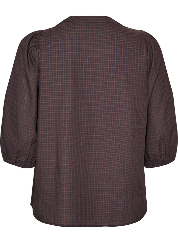 Blouse met ruitdessin, V-hals en 3/4-mouwen, Bruin, Packshot image number 1