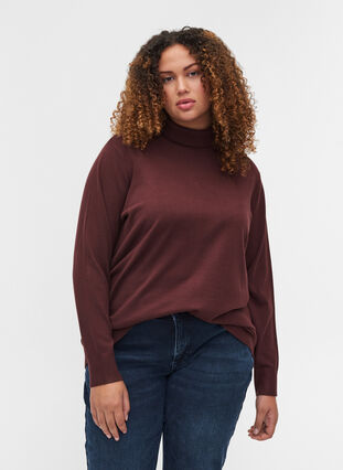 Gebreide blouse van viscose met hoge kraag, Bitter Chocolate, Model image number 0