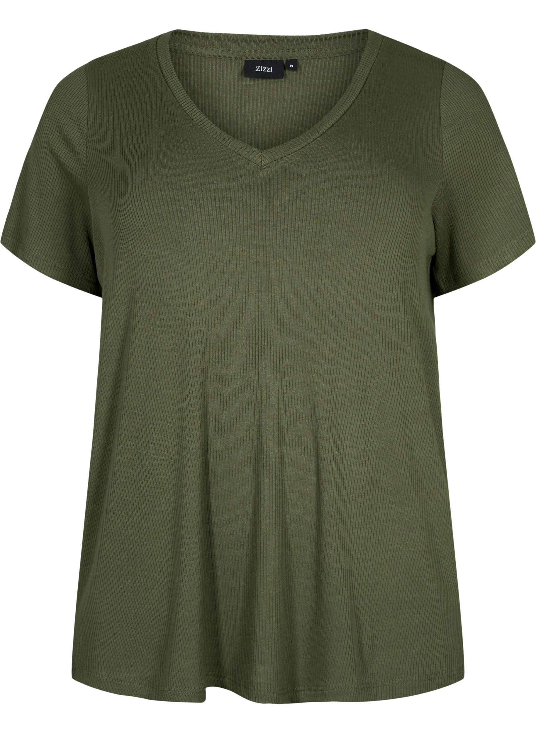 ZizziGeribd viscose t-shirt met v-hals, Thyme, Packshot image number 0