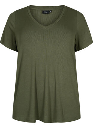T-shirt en viscose côtelé avec col en V, Thyme, Packshot image number 0