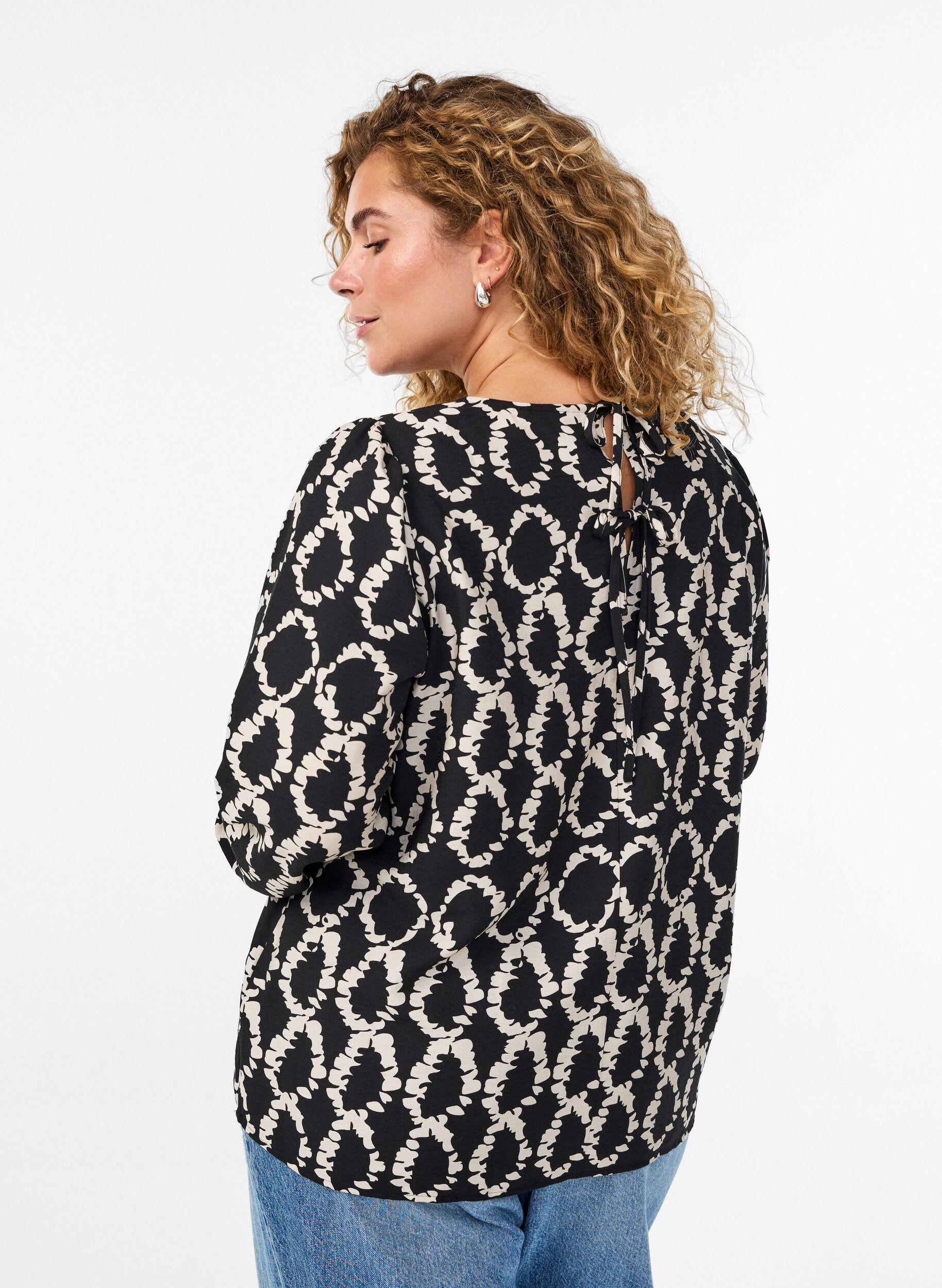 ZizziBlouse met lange mouwen, print en strikjes, Zwart, Model image number 2