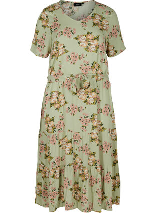 Midi-jurk met korte mouwen in viscose, Light Green April, Packshot image number 0