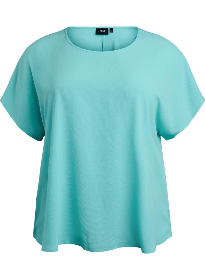 Blouse met korte mouwen en een ronde halslijn, Blauw, Packshot image number 0