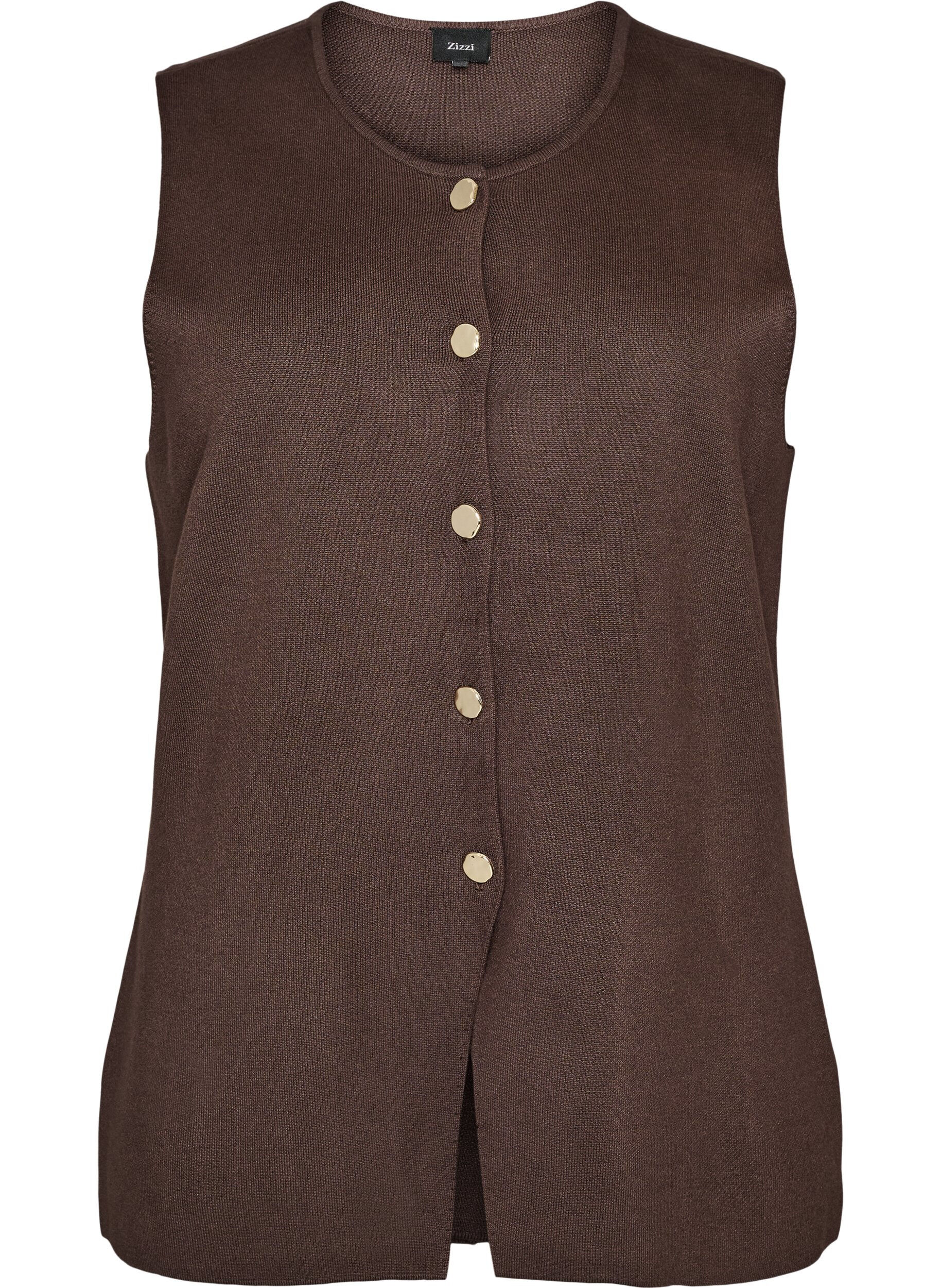 ZizziMouwloze breisel vest met decoratieve knopen, Bruin, Packshot image number 0