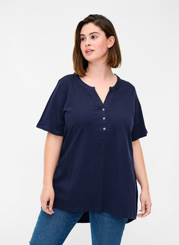 T-shirt en coton avec col en V et boutons, Night Sky, Model image number 0