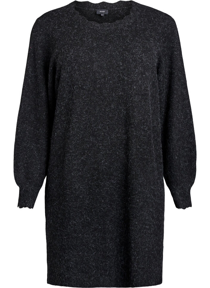 Korte gebreide jurk met golvende zoom en splitjes, Grijs, Packshot image number 0