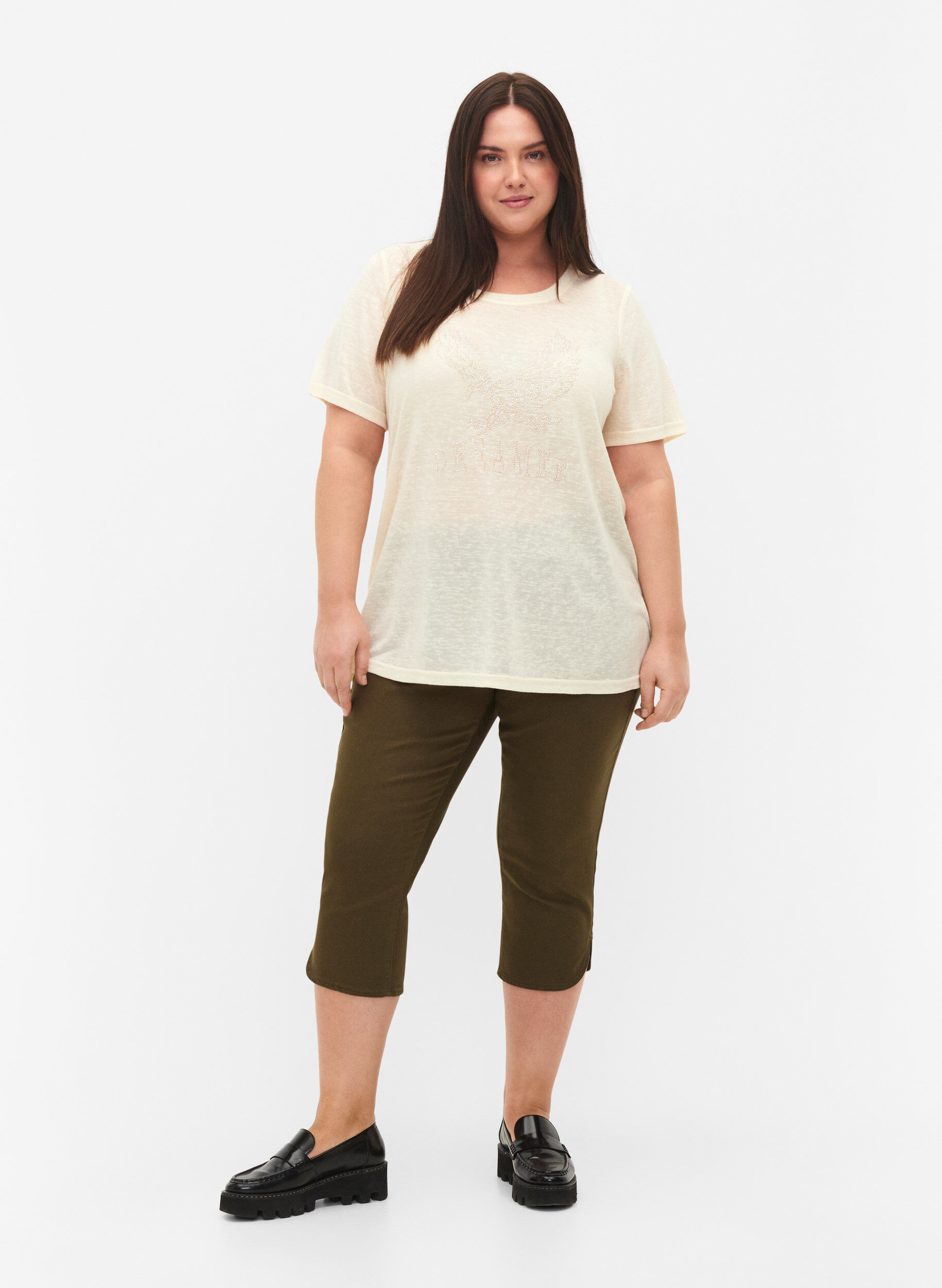 ZizziT-shirt met klinknagels en ronde hals, Buttercream, Model image number 3