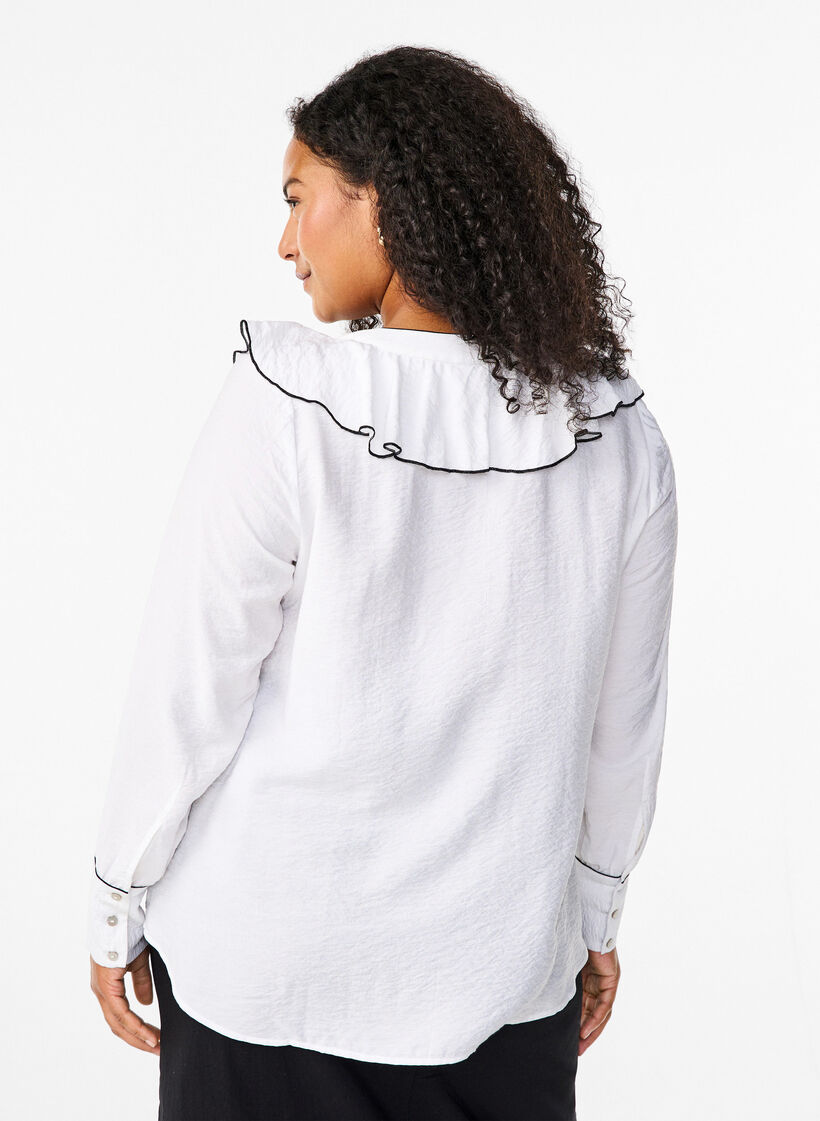 Overhemdblouse van viscose met lange mouwen en ruches, Wit, Model image number 2