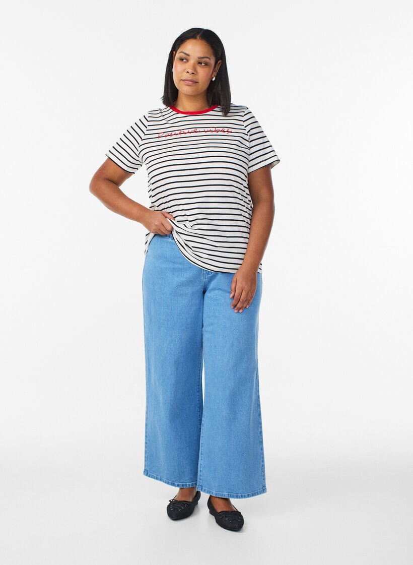 Gestreept katoenen T-shirt met geborduurde tekst, Vanille, Model image number 1