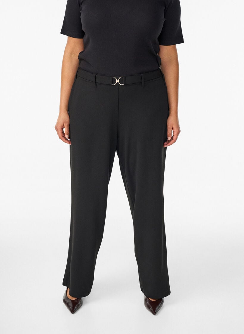 Pantalon taille haute avec ceinture et boucle dor&eacute;e, Noir, Model image number 2
