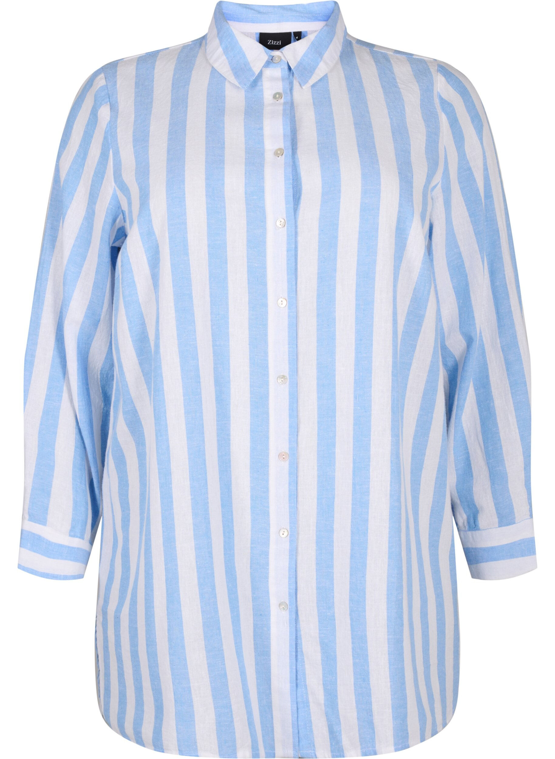 ZizziLang shirt van linnen en katoen, Blue White Stripe, Packshot image number 0