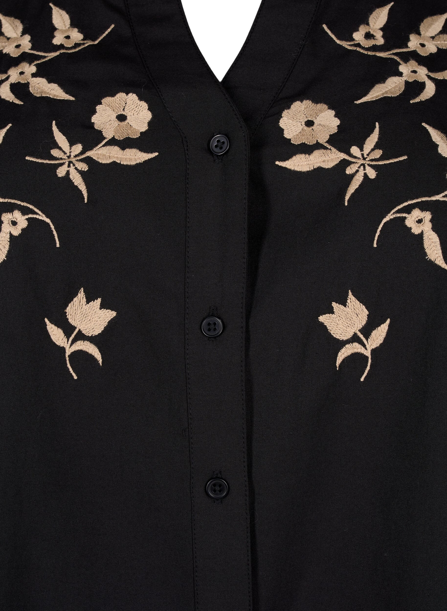 ZizziOverhemdblouse met geborduurde bloemen en 3/4 mouwen, Black W. Beige Emb. , Packshot image number 2