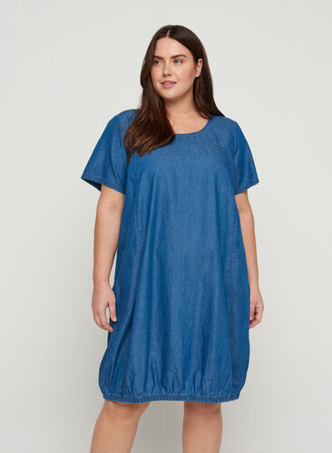 Denim jurk met zakken en korte mouwen, Blue denim, Model image number 0