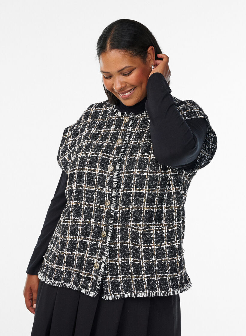 Gilet à carreaux avec boutons décoratifs, Noir, Model image number 0