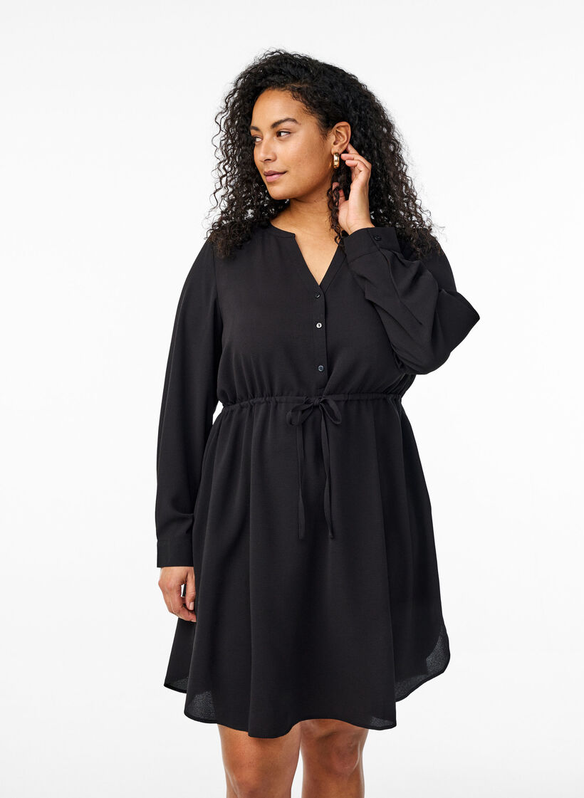 Robe mi-longue avec ceinture à nouer, Noir, Model image number 0