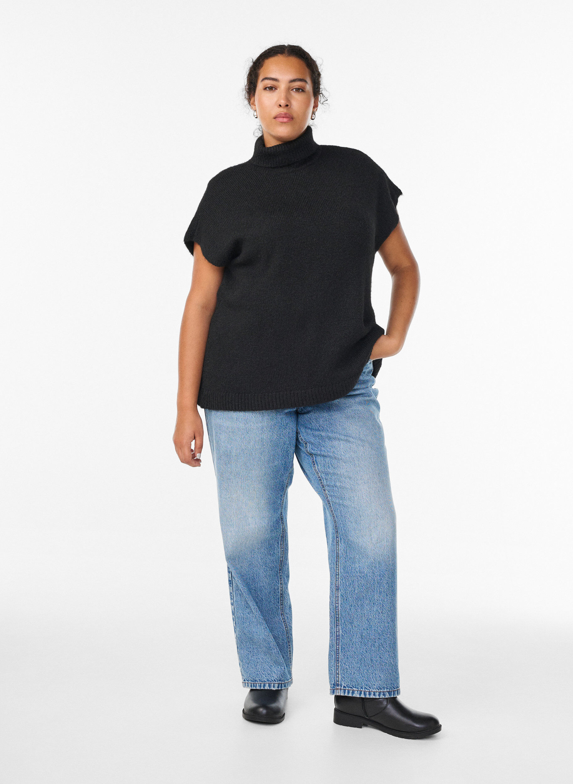 ZizziMouwloze gebreide vest met col, Zwart, Model image number 1