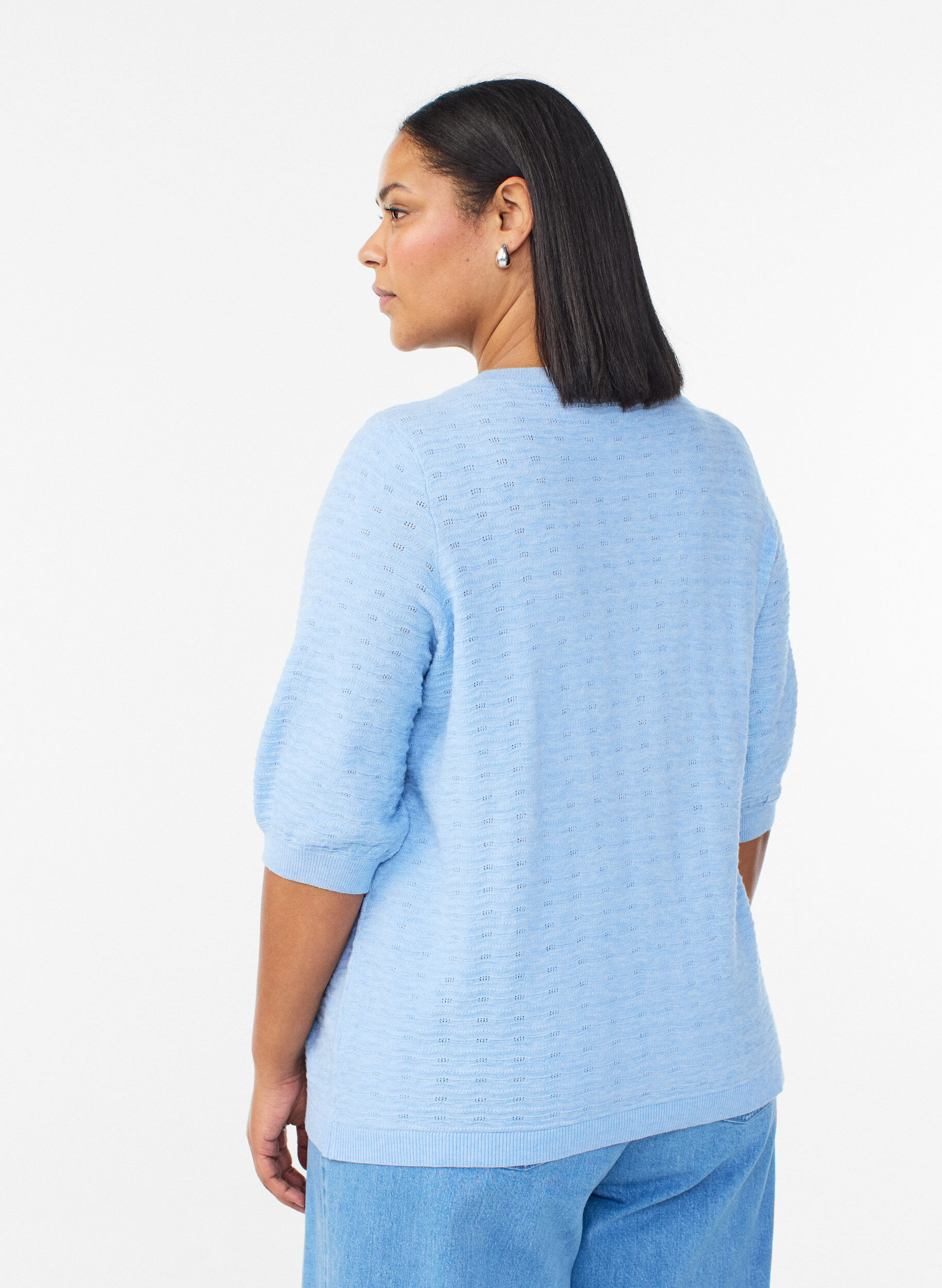 ZizziGebreide blouse met structuurpatroon en korte mouwen, Blauw, Model image number 2