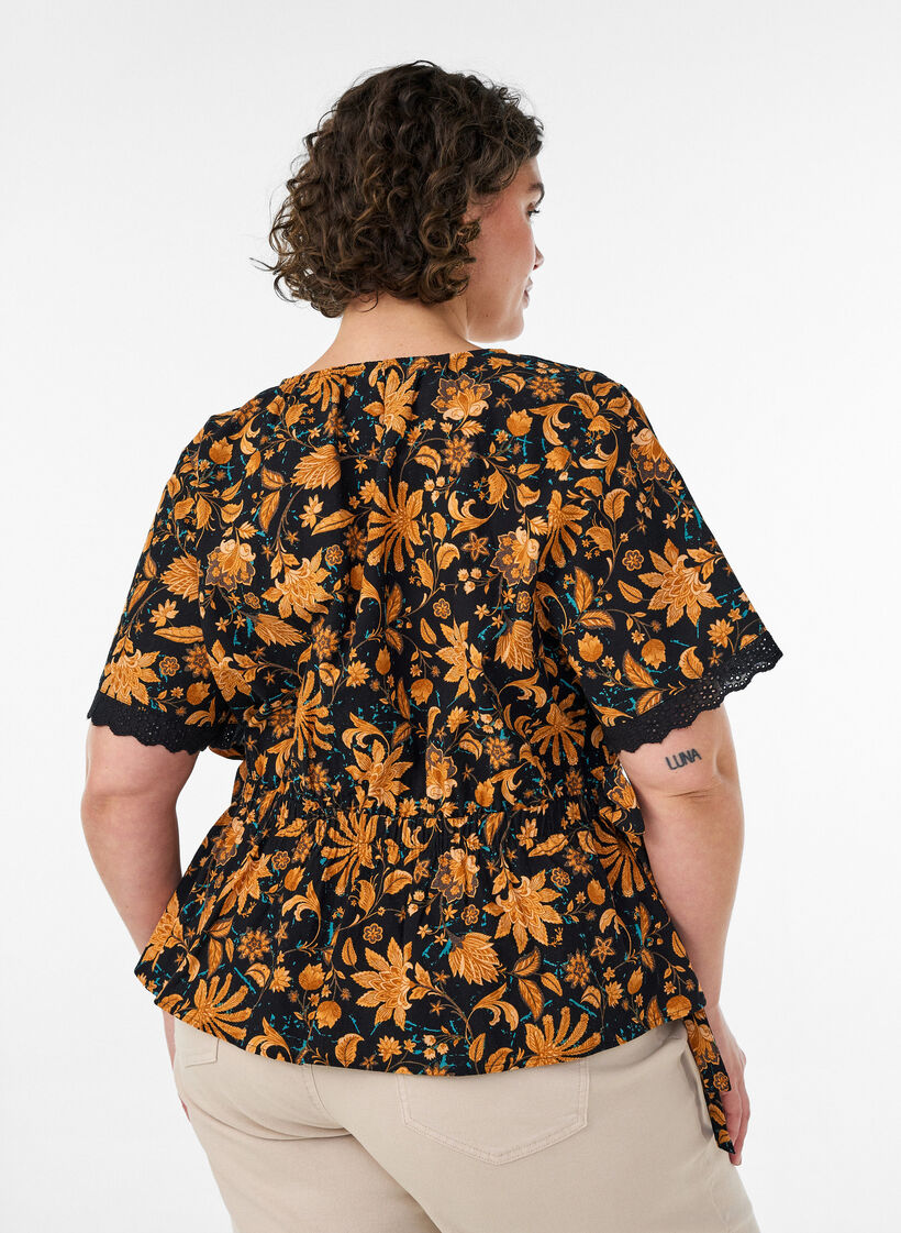 Katoenen blouse met bloemenprint en striksluiting, Oranje, Model image number 2