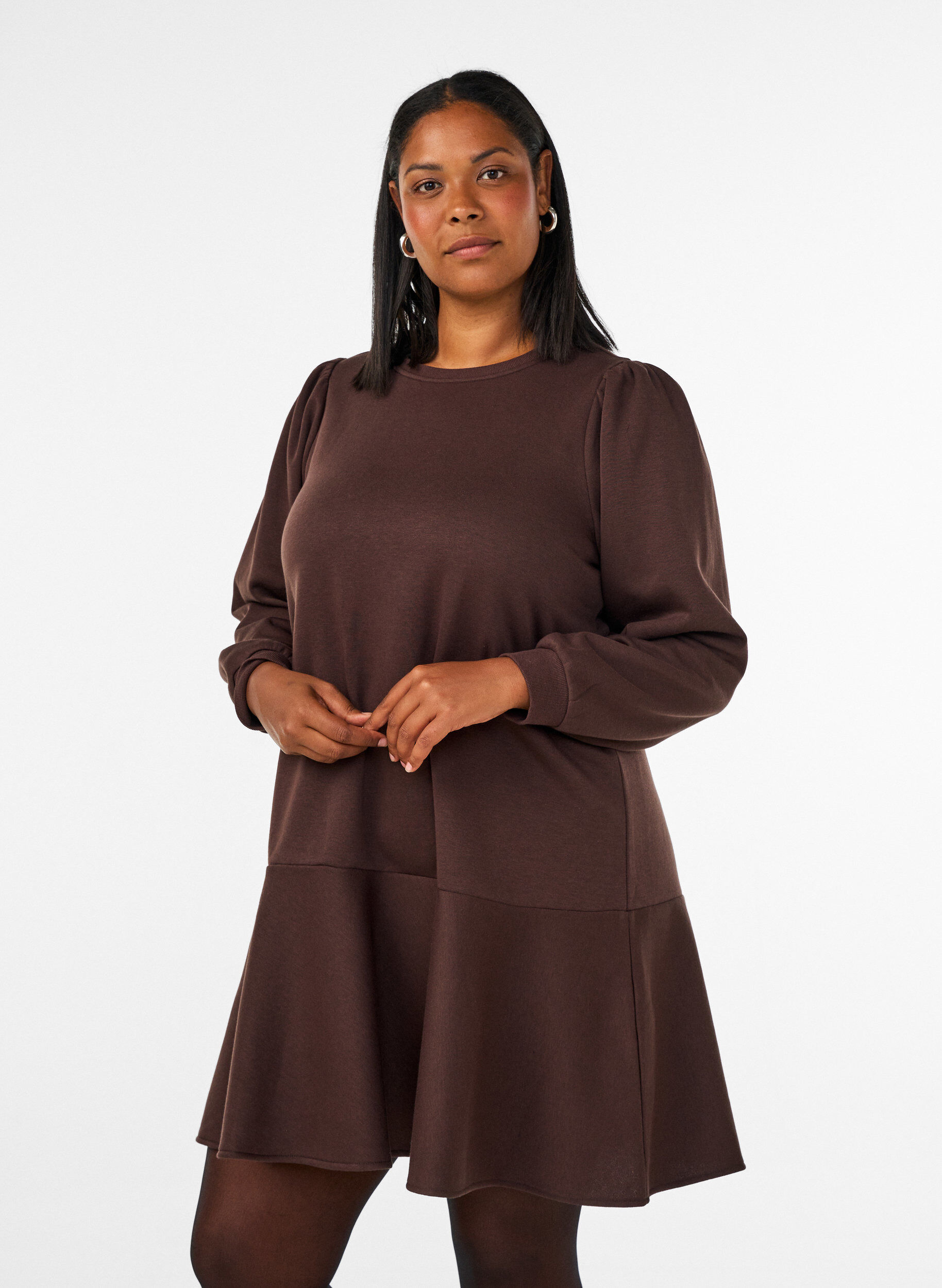 ZizziSweatshirtjurk met ruches in laagjes en A-lijnvorm, Bruin, Model image number 0