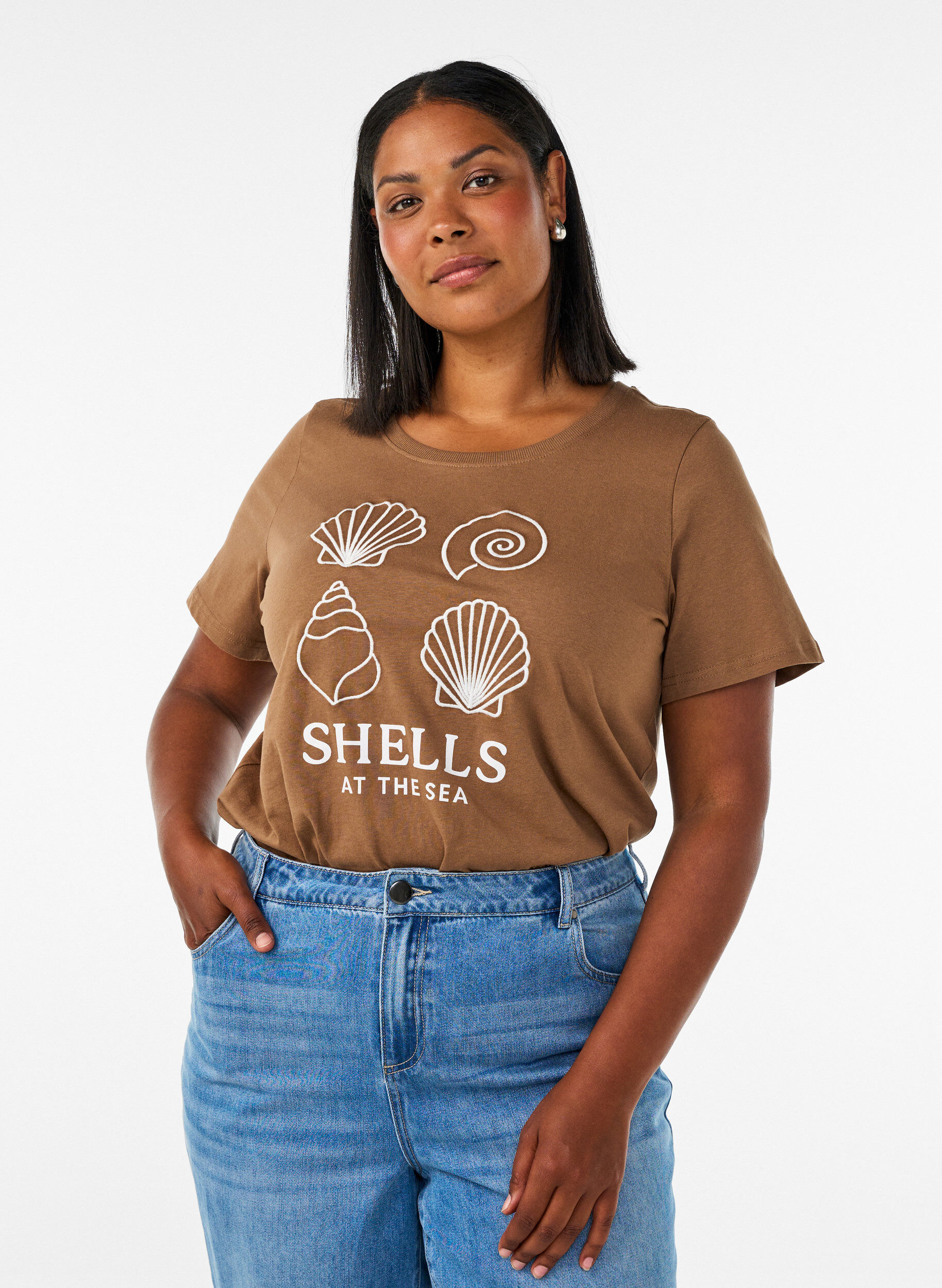Katoenen T-shirt met print, Bruin, Model