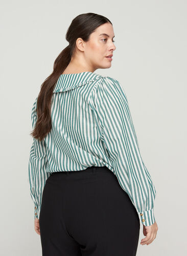 Gestreepte blouse in katoen, Green Stripe , Model image number 1