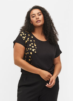 T-shirt à manches courtes en viscose avec imprimé dorée, Black Gold , Model image number 0