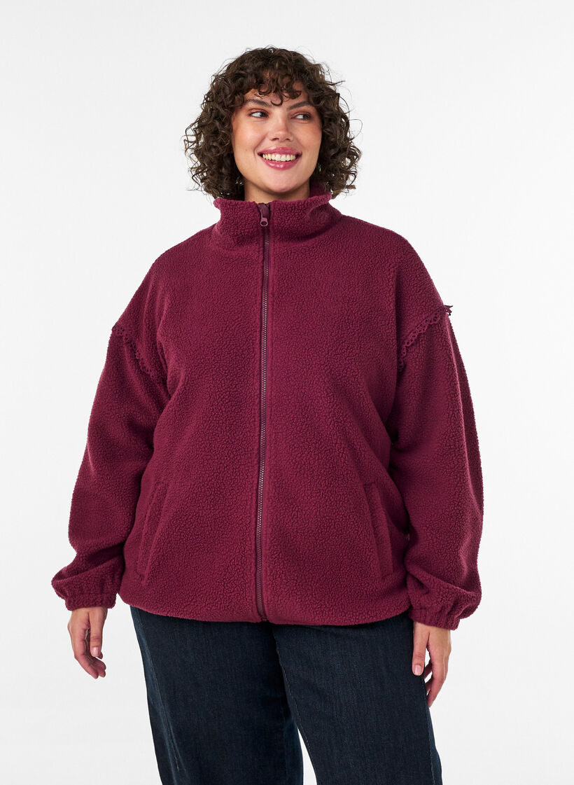 Veste teddy avec finitions en broderie anglaise et col montant, Bordeaux, Model image number 0