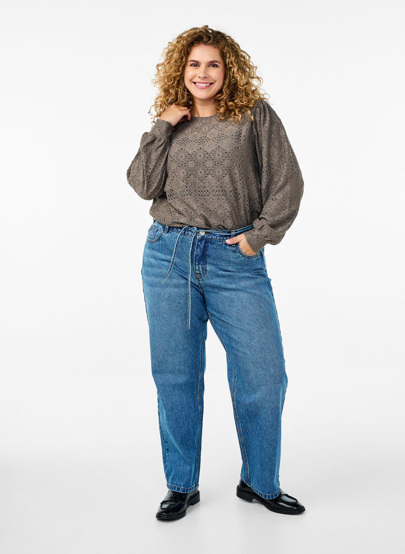 Blouse met lange mouwen en een opengewerkt patroon, Bruin, Model image number 1