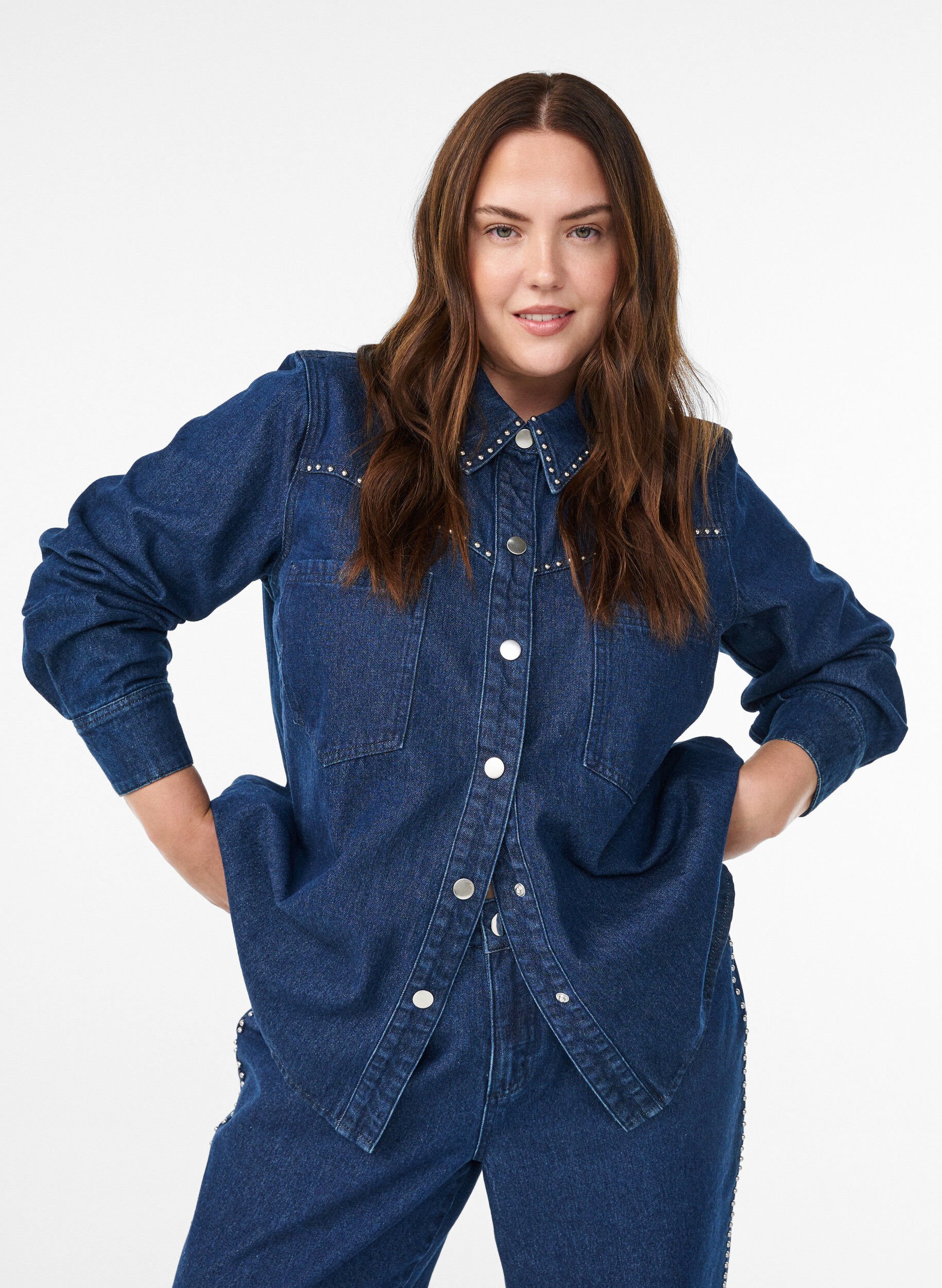 Denimshirt met studs, Blauw, Model