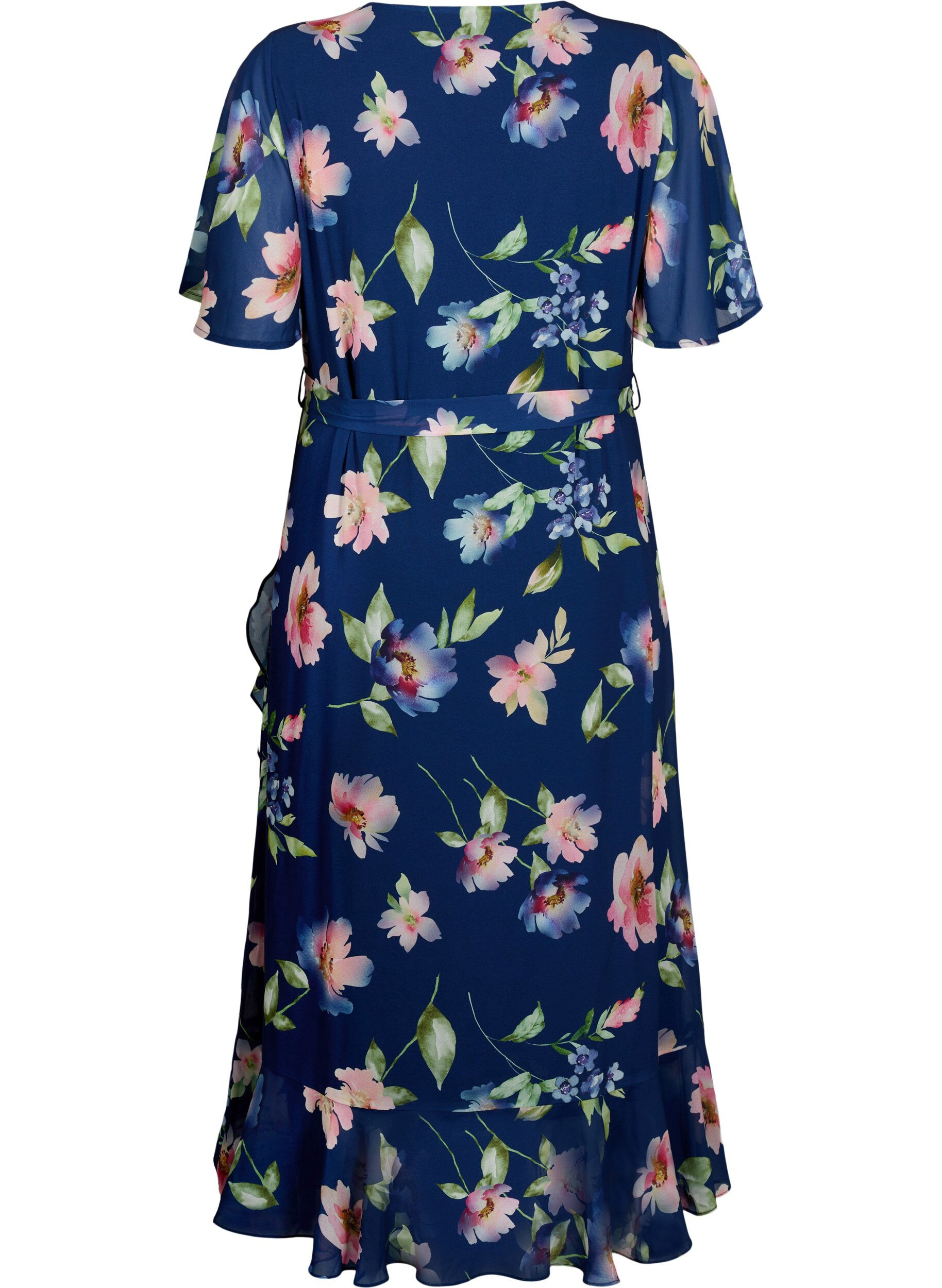 Zizzi	 Midi-jurk met korte mouwen en bloemenprint, Blueprint Flower AOP, Packshot image number 1