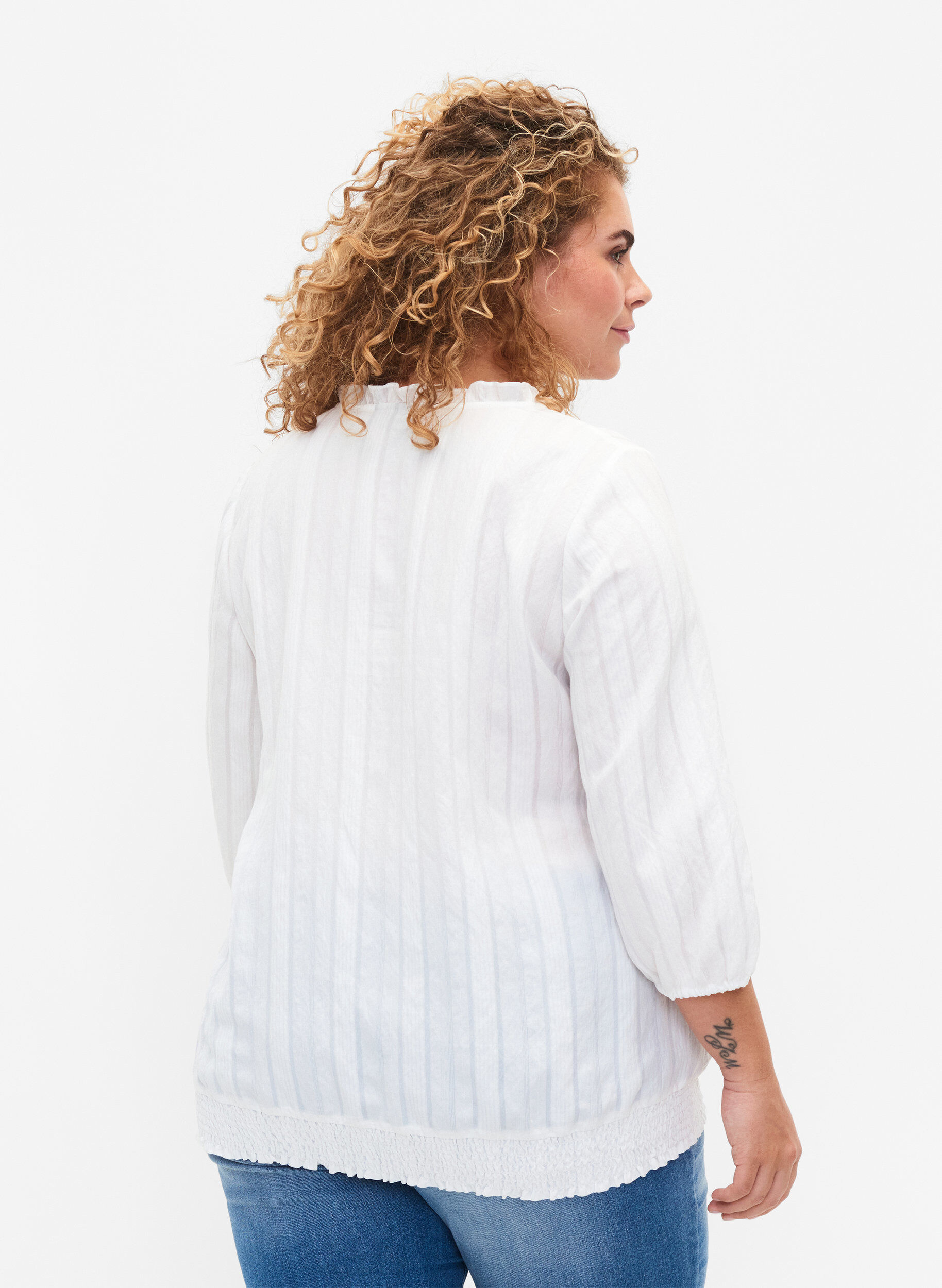 Zizzi3/4 mouw viscose blouse met smock, Bright White, Model image number 1