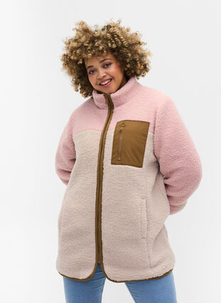 Veste en peluche avec fermeture éclair et poches, Rose Comb, Model image number 0