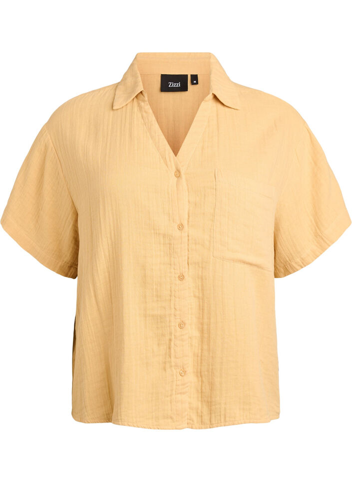 Blouse en mousseline de coton &agrave; manches courtes, Jaune clair, Packshot image number 0
