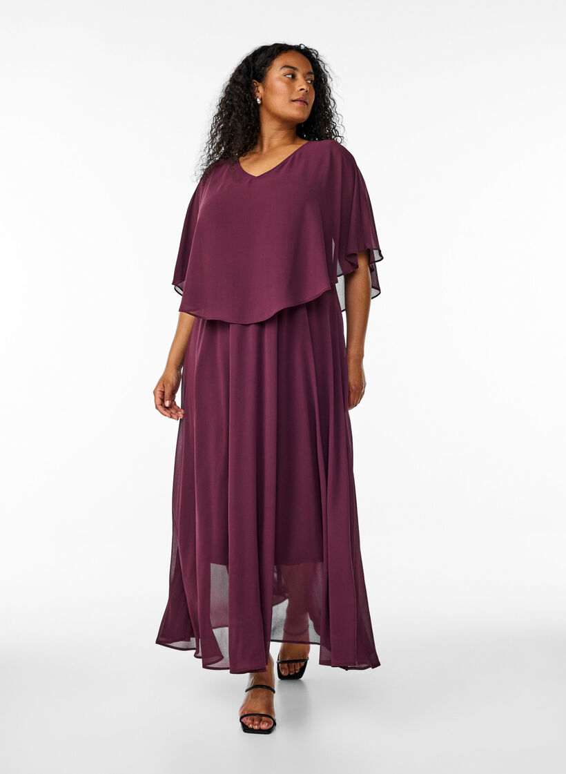 Robe longue de ligne A avec des manches courtes, Bordeaux, Model image number 0
