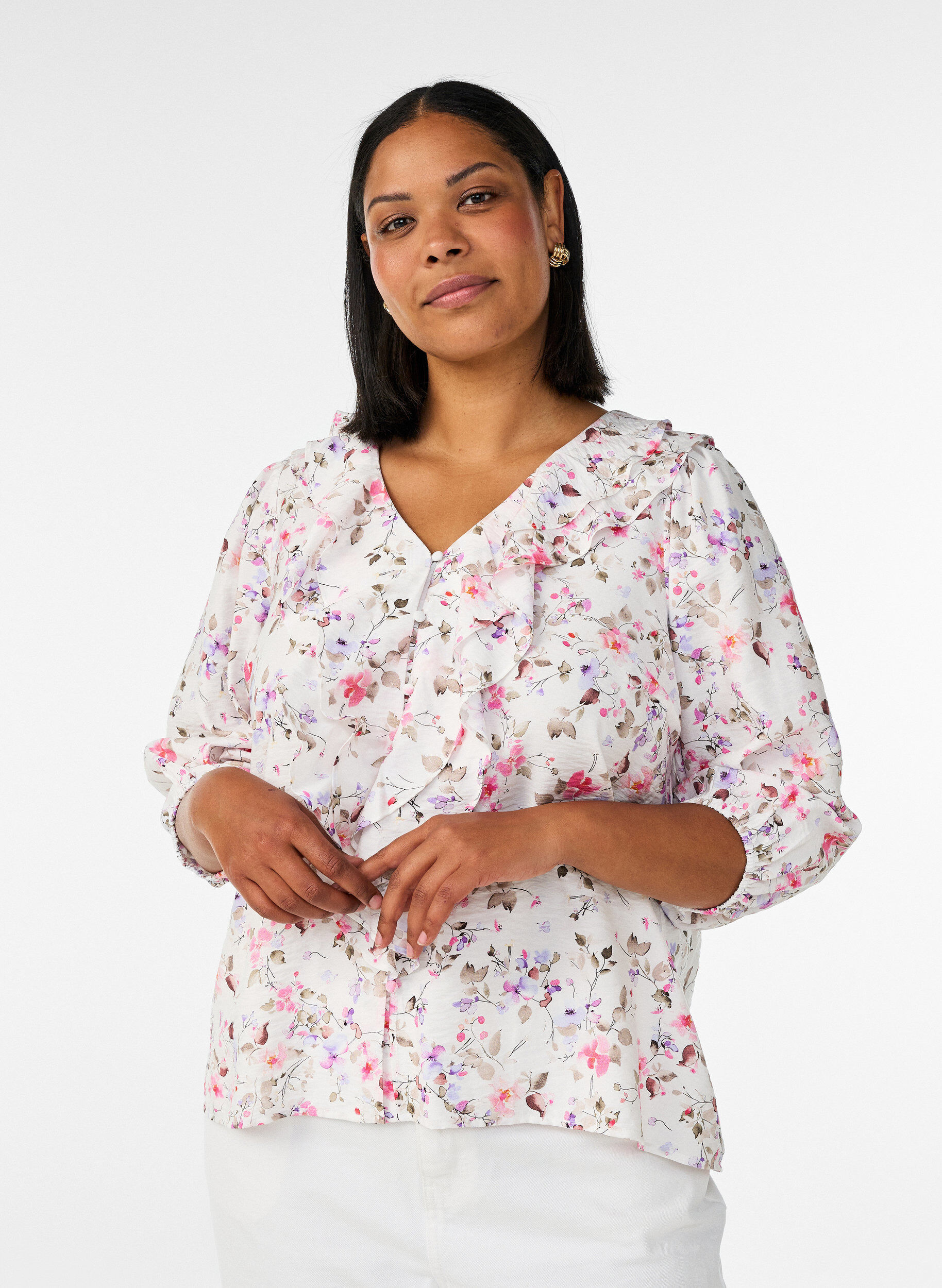 Viscose blouse met bloemenprint en 3/4 mouwen, Vanille, Model
