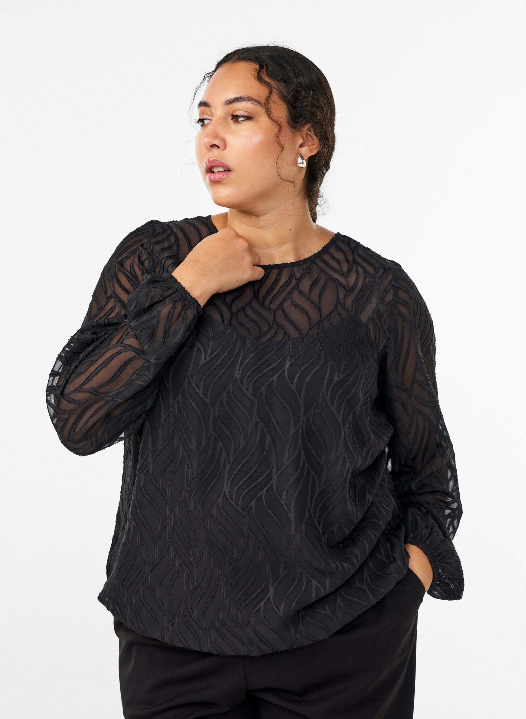Chiffon blouse met een textuurpatroon, Zwart, Model