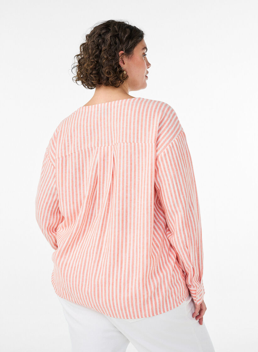 Blouse en lin et viscose avec col en V, Corail, Model image number 2