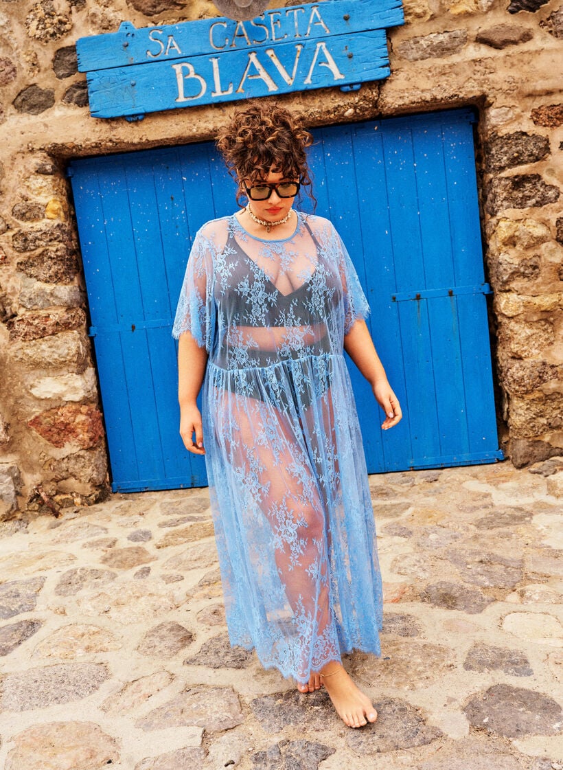 Robe mi-longue en dentelle transparente &agrave; manches courtes, Mauve, Image image number 0