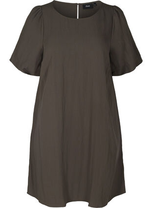 Viscose jurk met korte mouwen en a-lijn, Kaki, Packshot image number 0