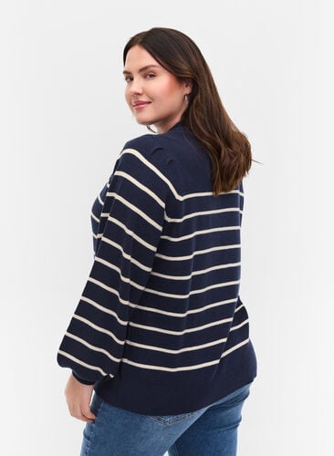 Pull en tricot rayé à manches bouffantes, Navy Blazer W/Stripe, Model image number 1