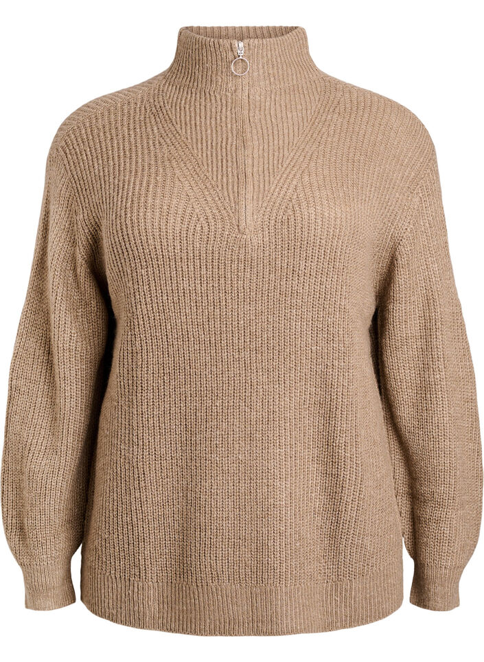 Pull en tricot avec col haut et fermeture &eacute;clair, Marron, Packshot image number 0