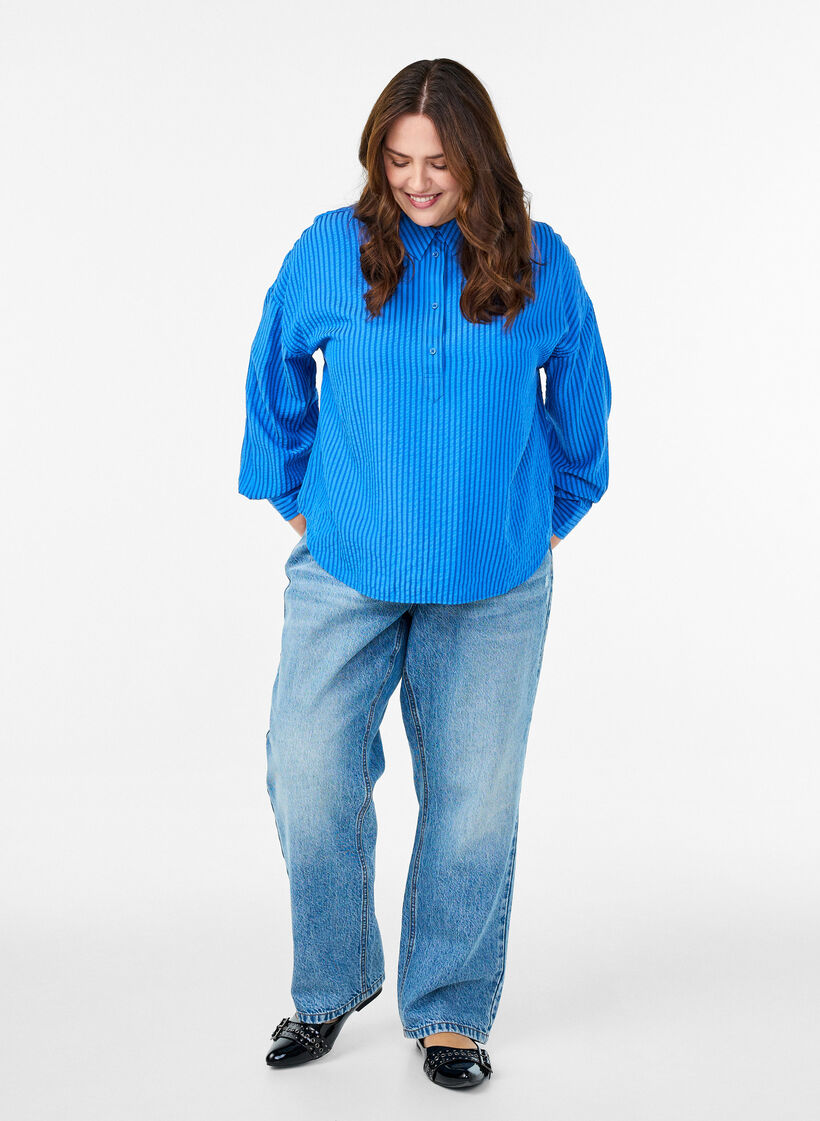 Gestreept shirt met knoopdetail op de achterkant, Blauw, Model image number 1