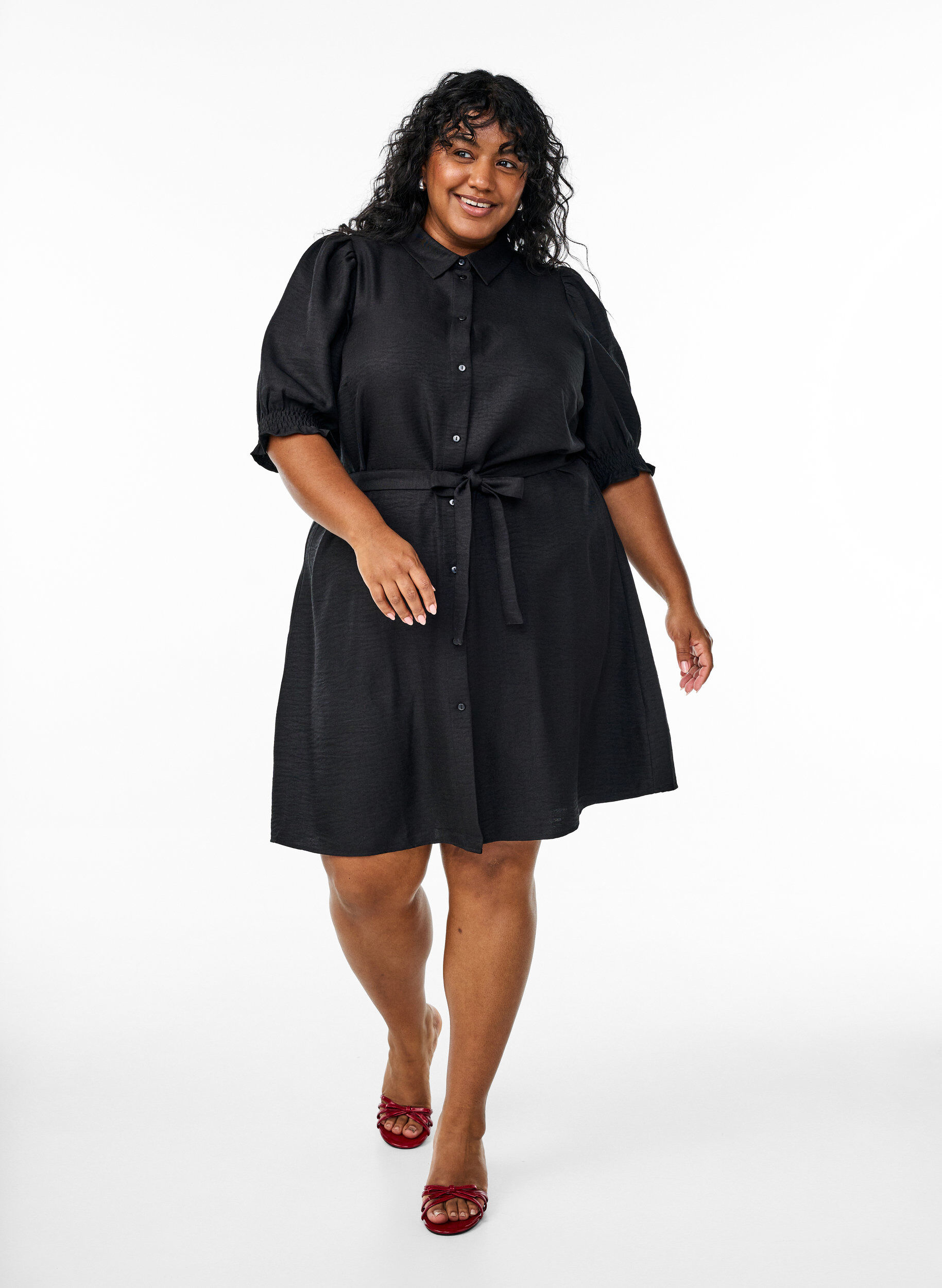 ZizziKnielange overhemdjurk met strikceintuur, Zwart, Model image number 0