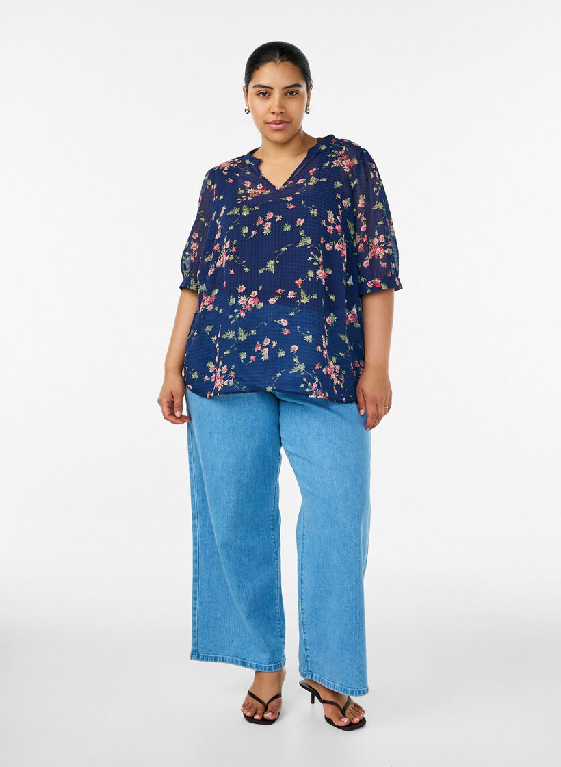 Blouse &agrave; imprim&eacute; floral et col V, Bleu, Model image number 1