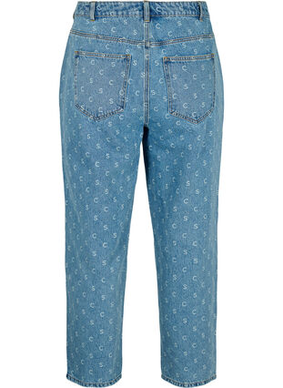 Cropped jeans met print en hoge taille, Blue denim, Packshot image number 1