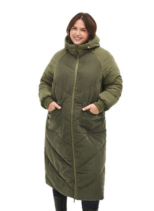 Veste d'hiver longue à capuche avec blocs de couleurs, Forest Night Comb, Model image number 0