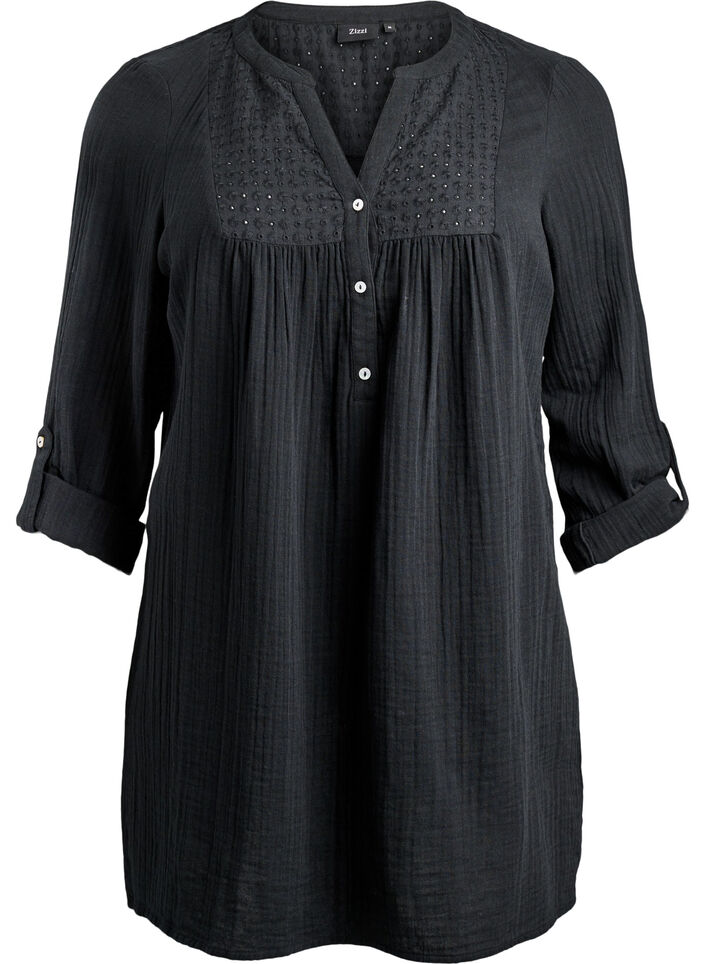 Katoenen mousseline tuniek met broderie anglaise, Zwart, Packshot image number 0