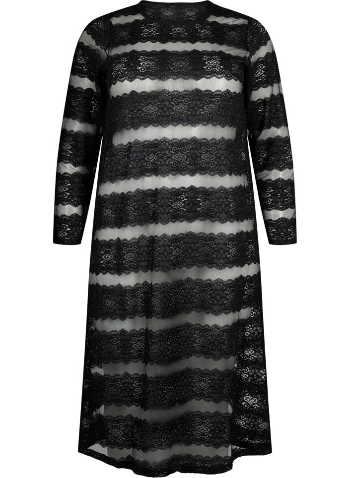 Robe mi-longue à dentelle et mesh, Black, Packshot image number 0